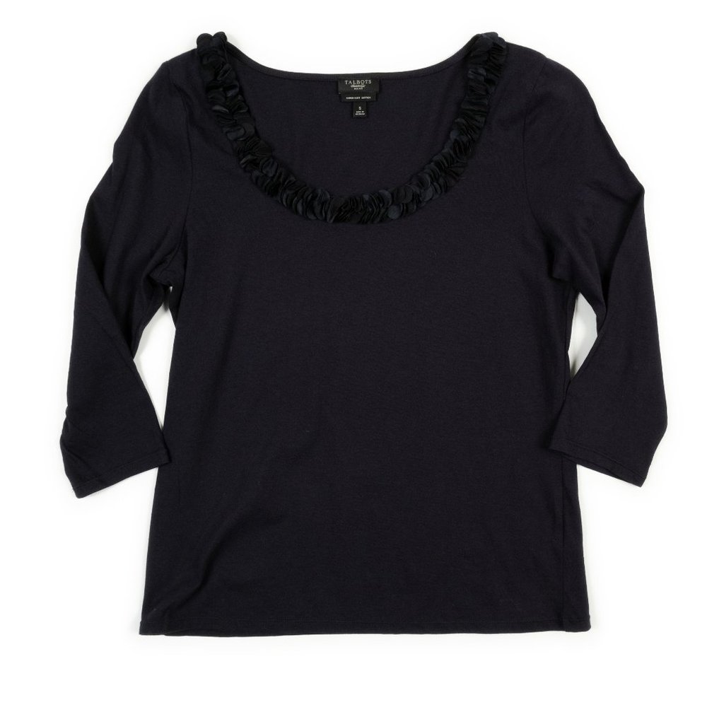 TALBOTS Petites lightweight navy top w/ruffle scoop neck size S
